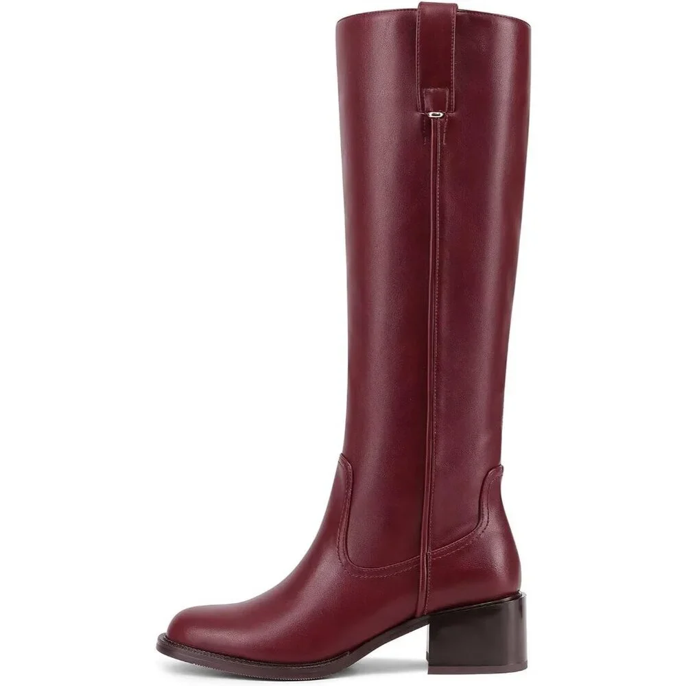 Women's Burgundy Chunky Low Block Heel Round Toe Faux Leather Knee High Boots